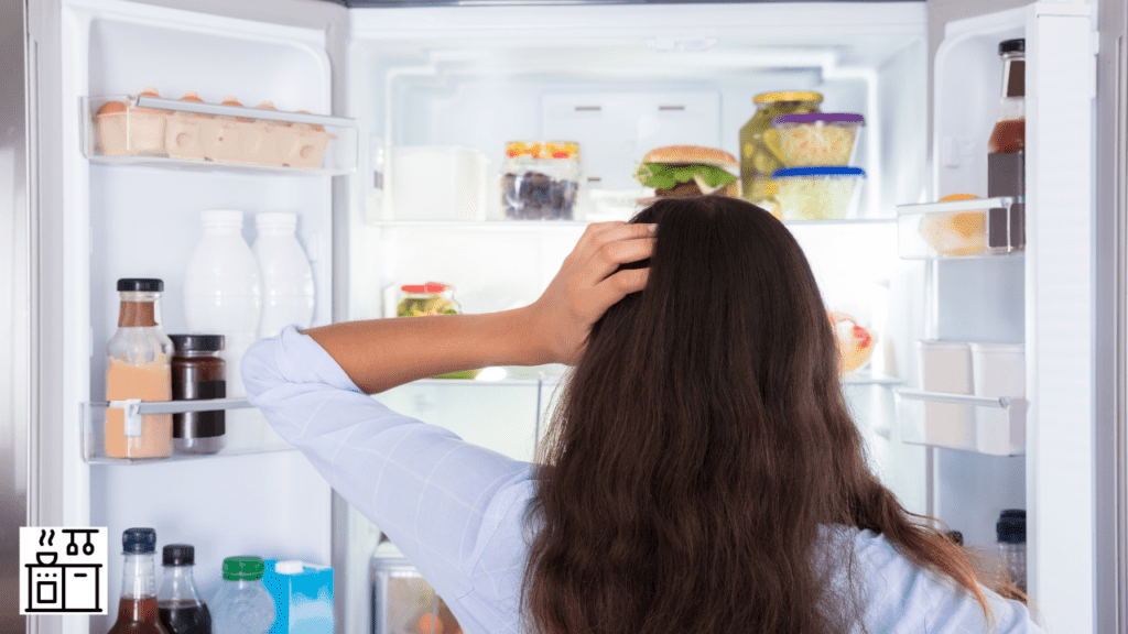 Woman searching for air filter in a refrigerator
