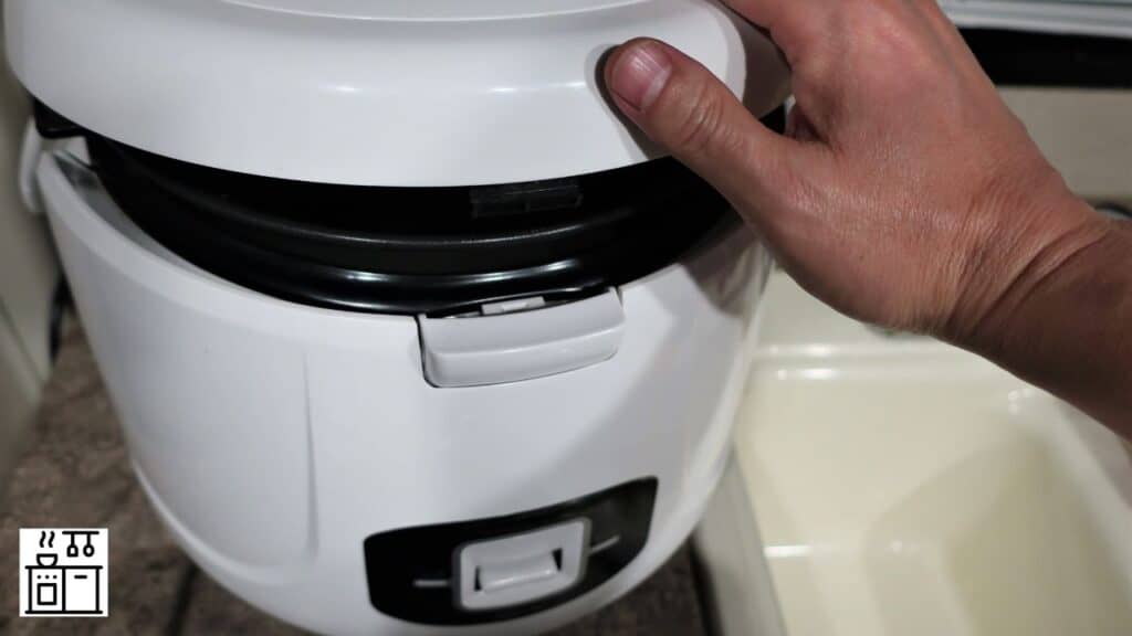 Woman using rice cooker